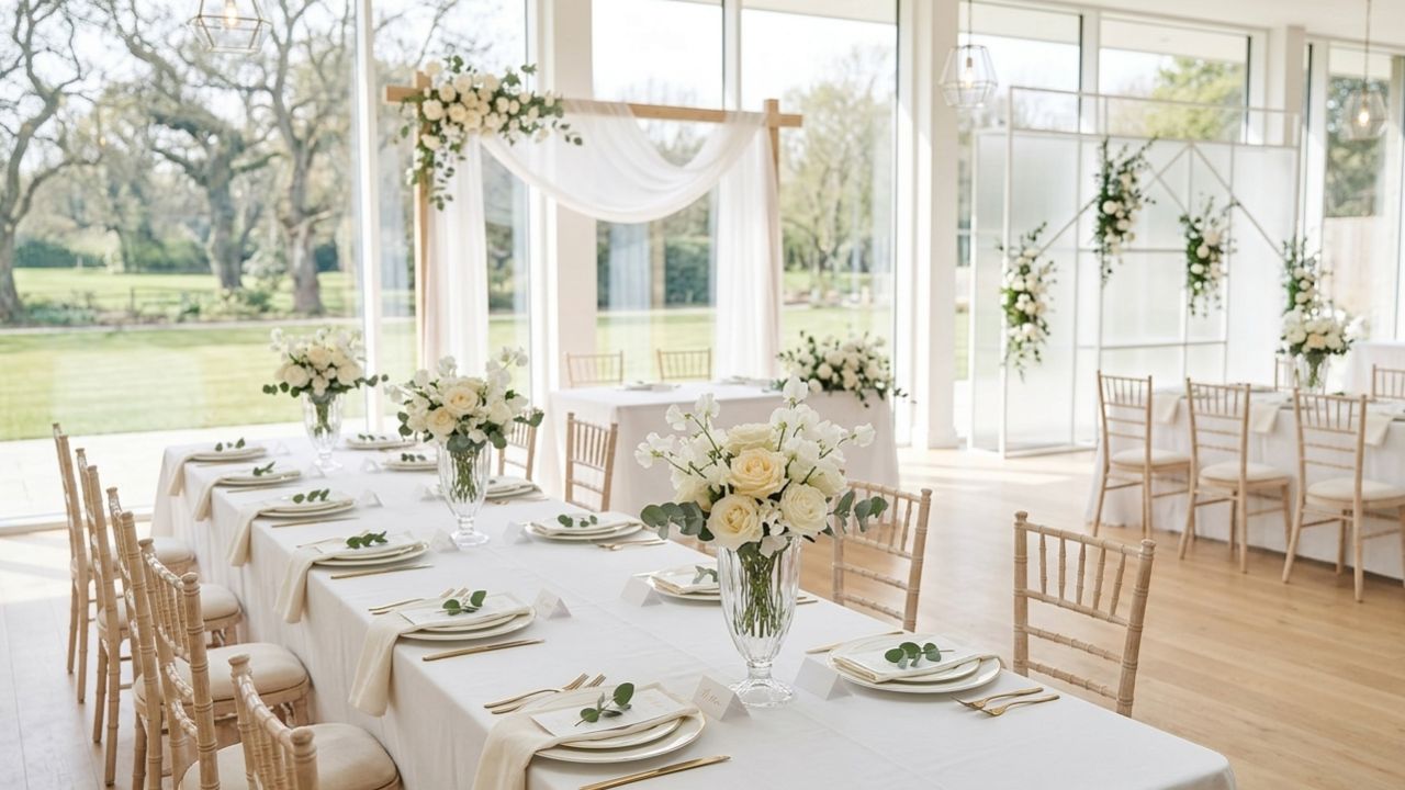 Mesa de casamento decorada com flores e velas representando os custos de decoração e gastronomia