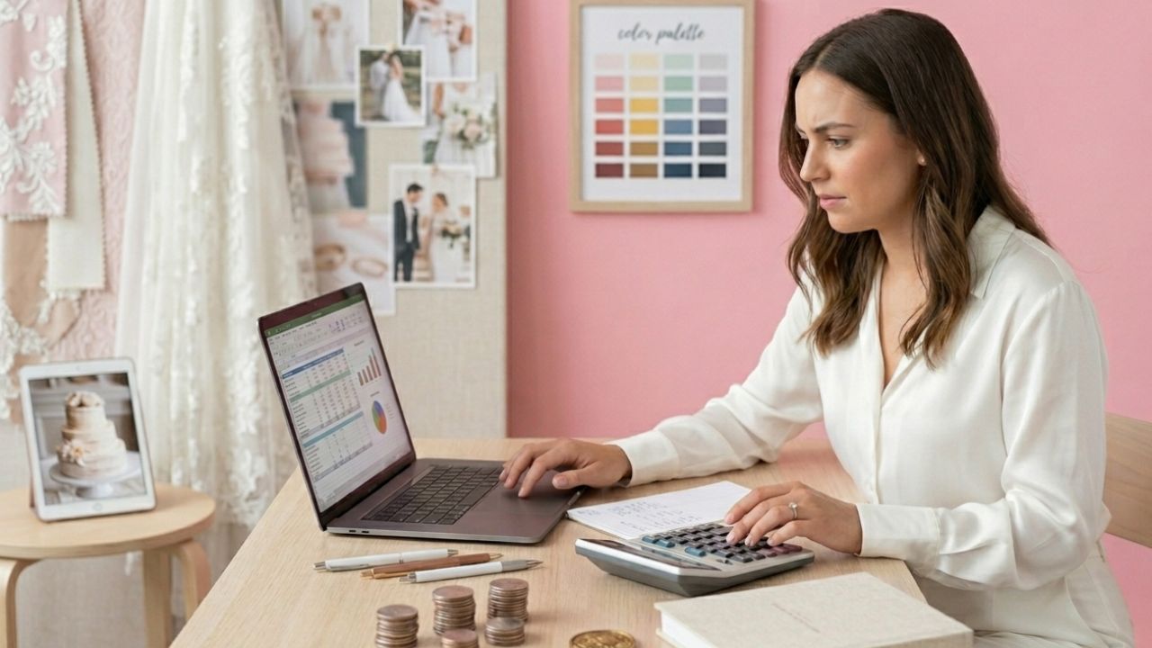 Noiva organizando planejamento de orçamento de casamento com caderno e caneta sobre mesa clara