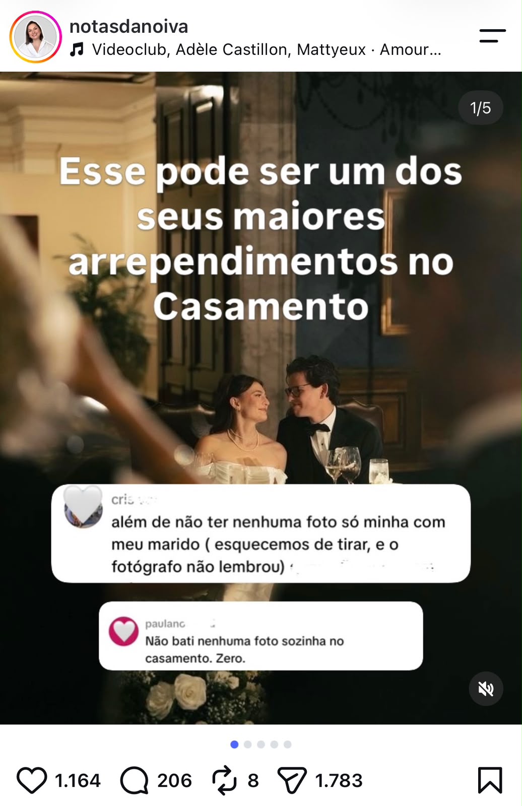Post sobre o arrependimento de não ter fotos a sós no dia do casamento