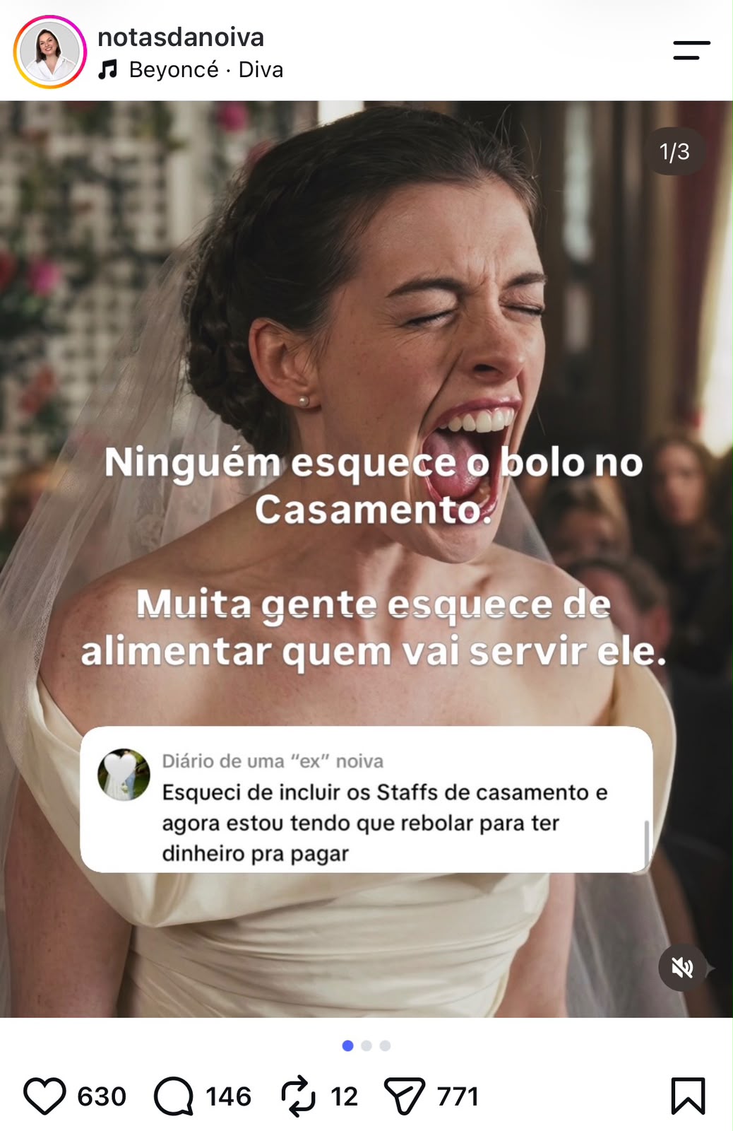 Post sobre esquecer de alimentar a equipe do casamento